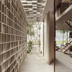 The kitchen in Apartment 56 is a sleek, minimalist space with integrated appliances and a large island. The design emphasizes clean lines and functionality, while still feeling open and connected to the main living areas.