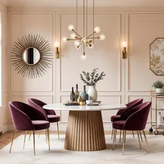 This render shows a softer, more elegant purple dining room. The velvet chairs provide a pop of color against the neutral paneled walls and the modern sputnik chandelier.