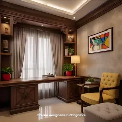 A classic and traditional home office design with dark wood furniture and elegant details. The large desk, comfortable tufted chair, and built-in bookshelves create a sophisticated and formal workspace.