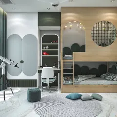 A jungle-themed kid's room concept with a custom bunk bed that includes a built-in play nook. The room also features a study desk, a telescope for stargazing, and whimsical wallpaper.