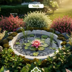 We love upcycling to create unique garden features. An old sink finds a new life as a charming mini wetland, filled with a water lily and surrounded by lush greenery. It’s a creative way to make a splash in your garden.
