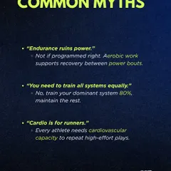 We debunk common misconceptions with science. This visual addresses myths like "endurance ruins power," explaining that with proper programming, aerobic work actually supports recovery and performance in power-based sports.