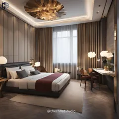 For this hotel room in Amritsar, the focus was on creating a restful retreat. The design features a stunning ceiling light fixture that acts as a centerpiece, while warm tones and soft, dimmable lighting invite serenity and relaxation.