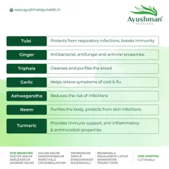 We believe in empowering our clients with knowledge. This graphic provides a quick reference to powerful Ayurvedic herbs and their properties, such as Ginger's antiviral effects and Triphala's ability to cleanse and purify the blood.