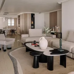 This view of the Kanso House living room shows how our pieces create a sense of calm and quiet luxury. The neutral sofas, sculptural coffee tables, and curated totems come together to form a space that is both simple and deeply personal.