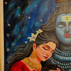 Another detailed shot of the Shiv Parivar canvas, highlighting the serene expressions of Lord Shiva and Maa Parvati against a celestial, star-filled background.