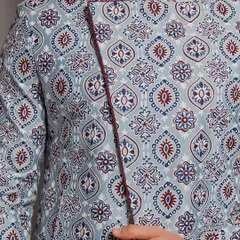 A close-up of a printed jacket, showcasing the intricate pattern and the contrasting piping detail that elevates the traditional look.