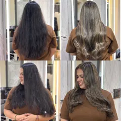 The before and after tells the whole story. I took this client from dull, dark hair to a dreamy, creamy beige blonde. This kind of hair makeover shows how the right color can completely change your look and boost your confidence.