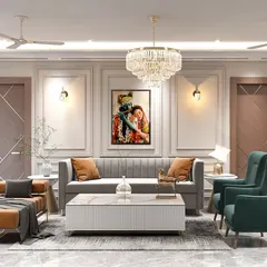 This living room design exudes classic charm with a modern twist. It features a grey tufted sofa, teal wingback chairs, and a stunning crystal chandelier, all set against a backdrop of traditional wall paneling.
