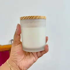 This frosted jar with a wooden lid is a very popular choice. It's perfect for creating your own branded candles without the hassle of making them yourself.