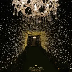 We transform spaces into magical realms. This tunnel of countless fairy lights, leading to a grand chandelier, creates an enchanting entrance for a glamorous cocktail night, promising an evening of wonder.
