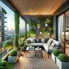 We used a combination of vertical and horizontal lines in this balcony design, from the wooden deck to the slatted feature wall with integrated planters. The L-shaped sofa and manicured topiary plants give the space a structured yet comfortable feel.