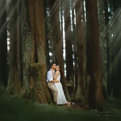 Finding a quiet corner in the woods, with beautiful rays of light breaking through the canopy. This intimate portrait uses natural light to highlight their connection, creating a soft and magical feel.