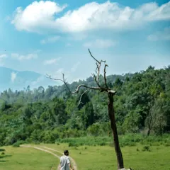 A shot of me walking on a dirt path in a green meadow, carrying an umbrella. This image captures the essence of my journey as a wanderer or 'alemari'.