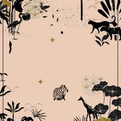 An artistic illustration for the Wild Noir Collection. Featuring animal silhouettes like zebras, giraffes, and panthers, it captures the spirit of bold sophistication and the raw beauty of nature.