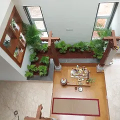 An aerial view of a custom indoor garden I created for a pooja room. This design brings a sense of peace and nature indoors, using a built-in planter with Areca palms and other low-light plants to frame the sacred space.