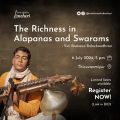 This poster announced a workshop on Alapanas and Swarams. These thematic sessions are open to all musicians who want to deepen their improvisational skills and performance techniques.