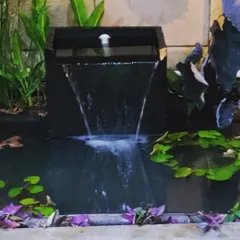 A closer view of the bio-pond's waterfall feature. The sound of flowing water is incredibly calming and helps to create a peaceful atmosphere in any garden, big or small.