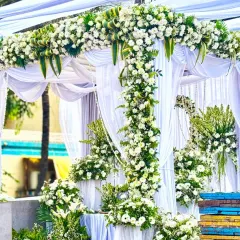 A classic and elegant outdoor wedding mandap, constructed with a four-pillar structure, draped in sheer white fabric, and heavily adorned with fresh white flowers and greenery.