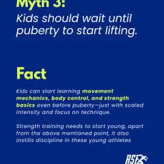 Myth: Kids should wait until puberty to start lifting. Fact: Children can and should start learning movement mechanics and body control long before puberty. We focus on technique with scaled intensity.