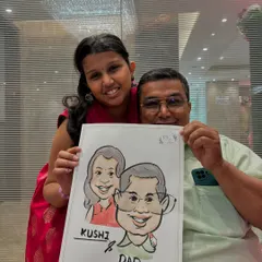 A heartwarming father-daughter caricature, drawn live at a family gathering. It's a wonderful memento of their special bond.