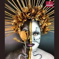 We push creative boundaries in our advanced modules. This striking fantasy makeup look, with its bold black, white, and gold palette and intricate headpiece, demonstrates the high-concept artistry you can master.