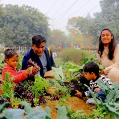 Family time is precious, and we love providing a space for you to create lasting memories. Here, a family learns together, exploring our fields and picking fresh, organic lettuce for their dinner table.