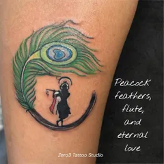 A beautiful representation of eternal love with this Krishna tattoo, featuring his flute and a peacock feather. I use fine lines and color to bring these divine symbols to life.