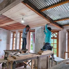 The process of restoration in action at The Verdun House. Here, craftsmen are installing a new wooden ceiling, a key part of the project where we provided technical assistance and training as part of our mentorship program.