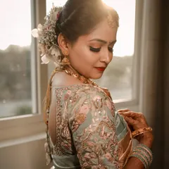 A bride looks over her shoulder, with soft sunlight highlighting the exquisite embroidery on her blouse. This portrait focuses on the beautiful details of the bridal outfit.