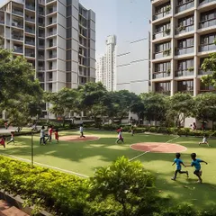 In dense urban environments, I believe redevelopment must prioritize community life. This vibrant green space, designed for a housing complex, serves as a communal backyard where children can play and residents can connect, transforming the area into a thriving, people-centric neighborhood.