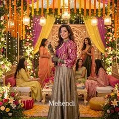 Here is how our brocade skirt and jacket set looks in a vibrant Mehendi setting. The colors pop beautifully, and the outfit is comfortable enough for you to enjoy all the festivities.