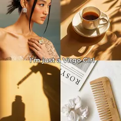 I'm just a Virgo girl. This moodboard is all about clean, earthy elegance with a sleek updo, natural hair care tools, and a minimalist aesthetic.