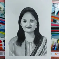 A finished portrait of a woman, drawn with graphite on paper. I focused on capturing her gentle smile and the detailed pattern on her clothing, creating a balanced and realistic piece.