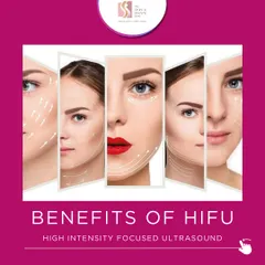This graphic illustrates the benefits of High-Intensity Focused Ultrasound (HIFU). It's a non-invasive procedure I use to lift and tighten skin on the face and neck for a more youthful contour.