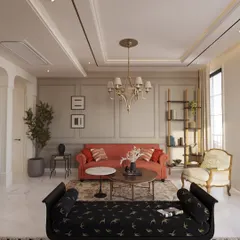 Here, we balanced classic and contemporary furniture to create a layered living room. A traditional chandelier and armchair are paired with a modern patterned bench and clean-lined sofa, demonstrating our approach to eclectic yet harmonious design.