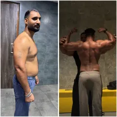 The side view of the same 75-day transformation. Notice the significant reduction in waist size and improved posture.