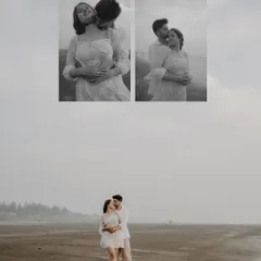 A collage of pre-wedding moments on the beach, showing the couple's playful and romantic interactions in both color and black and white.