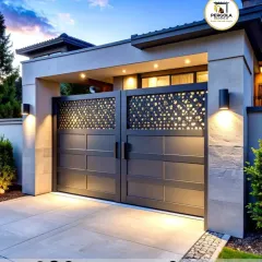 A contemporary gate design that combines solid lower panels with an upper section of backlit, laser-cut patterns. This creates a beautiful visual effect at night, enhancing security while adding ambient light to the entrance.