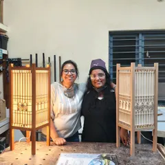 The grand finale. Sreeja and Nivedita with the beautiful Kumiko lamps they built from scratch. They learned to make the frames, cut the intricate half-lap joints, and assemble the entire piece. The best part is seeing their faces when they switch it on for the first time.