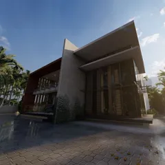 A striking architectural concept featuring sharp angles and a mix of materials. The design includes a large driveway, expansive glass walls, and a dynamic roofline, perfect for a client looking for a statement home.