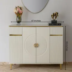 Here you can see the dimensions of our cream-toned cabinet. At 47 inches wide and 39 inches tall, it provides substantial storage while maintaining an elegant profile.