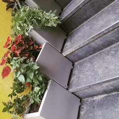 Planters can be used to beautify any area, including a staircase. These grey, rectangular FRP planters are filled with a mix of colorful and trailing plants to add life and color to this outdoor stairway.