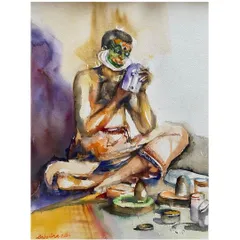 This watercolor painting of a Kathakali artist preparing for a performance was selected for the 2nd Olympiart 2024. It captures the quiet, focused moment of transformation before the artist takes the stage.