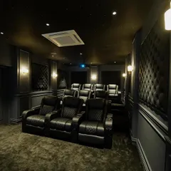 This wide view shows the two-tiered seating arrangement, with classic wall moldings and tufted acoustic panels creating a sophisticated and acoustically perfect environment.