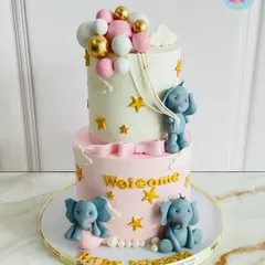 Welcoming baby Miraya with this magical elephant-themed cake. The two tiers in pink and white are adorned with cute fondant elephants, stars, and a cascade of balloons.