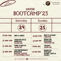 This is what your weekend will look like. We have packed the two days with over 15 hours of practical workshops, from creative vocal workouts and home studio basics to raga breakdowns and live performance sessions. Every session is designed to be hands-on and interactive.