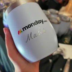 A closer look at one of the personalized tumblers from the Monday.com event. Each guest received a custom engraved tumbler with their name, adding a special touch to the corporate launch party.