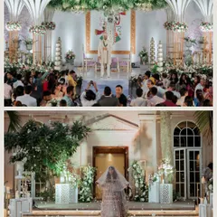 A collage showing the grand bride and groom entries at a beautiful outdoor wedding at ITC Maratha.