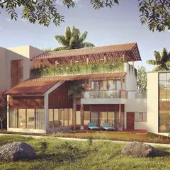 For this upcoming residence in Bangalore, we embraced a vernacular approach with sloped tile roofs and layered green terraces. The design is carefully sited to overlook a neighborhood lake, making the natural view an integral part of the home.